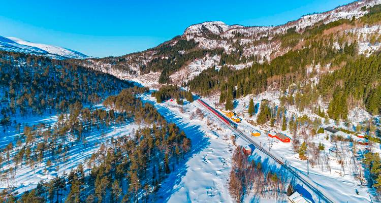 Luftpanorama einer verschneiten bewaldeten Tallandschaft im Winter mit bunten Hütten entlang eines zugefrorenen Flusses.