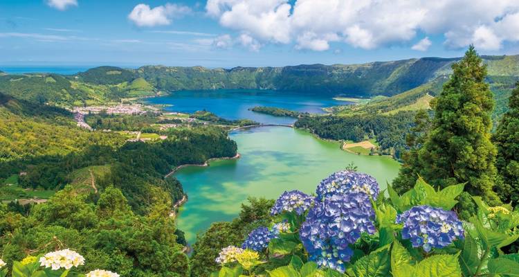 Malerische Aussicht auf eine Lagune, umgeben von üppigem Grün und Blumen.