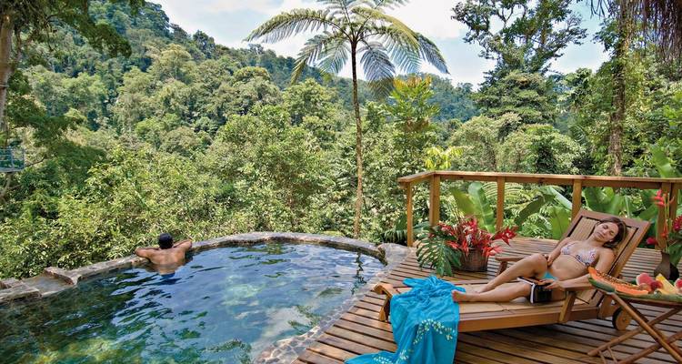 Des gens se détendent dans une piscine avec vue sur une forêt verdoyante luxuriante.