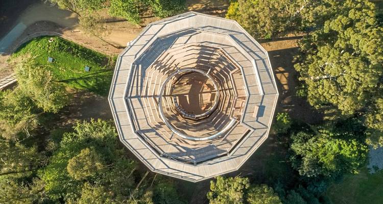 Aerial view of a wooden spiral structure surrounded by trees.