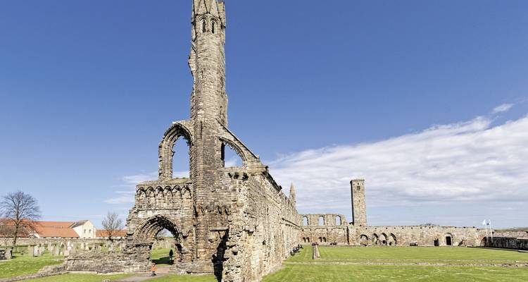 Ruinas de una antigua abadía con un cielo azul claro.