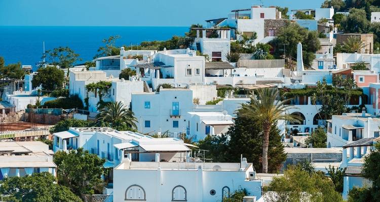 A charming coastal village with white houses and a blue sea in the background.
