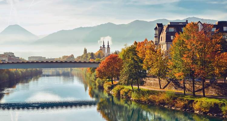 Arbres d'automne colorés le long d'une rivière avec un pont.