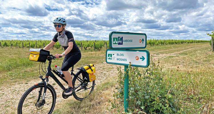Radfahrer auf einem ländlichen Weg neben Richtungsschildern für Amboise und Blois.