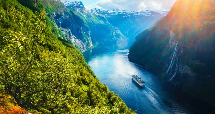 Navire de croisière naviguant à travers un fjord pittoresque avec des montagnes.