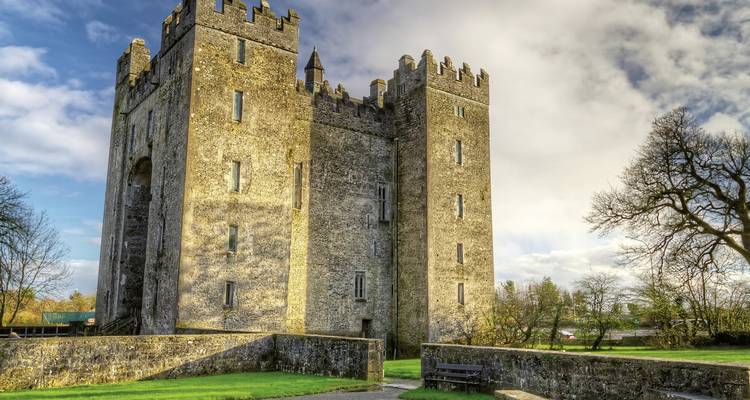 Towering stone castle surrounded by greenery and dramatic sky.