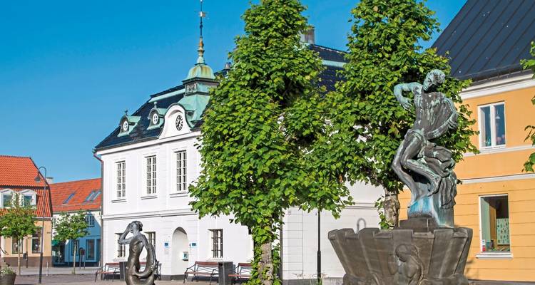 Charmanter Stadtplatz mit einem Brunnen und belaubten Bäumen.