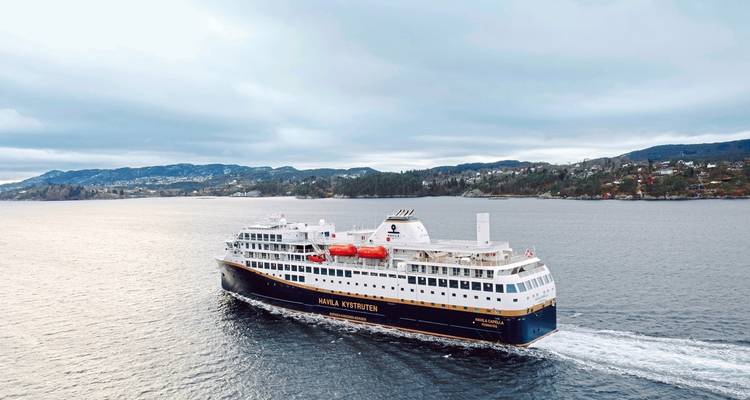 Large cruise ship sailing through the sea with mountains in the background.