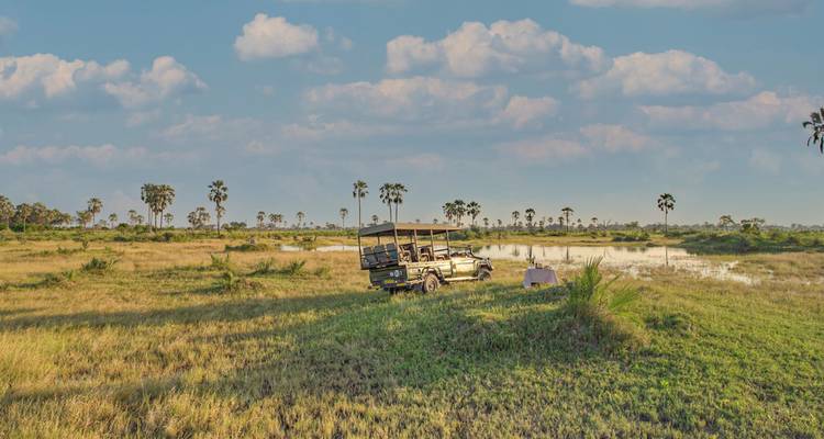 Véhicule de safari garé dans une prairie avec un point d'eau en arrière-plan.