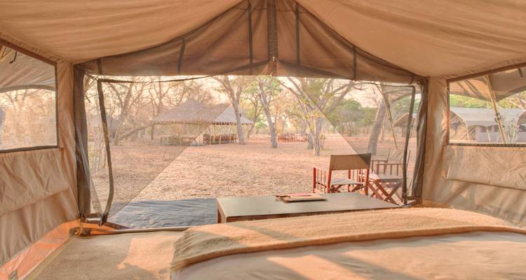 Vue depuis l'intérieur d'une tente safari regardant vers un campement de tentes installé.