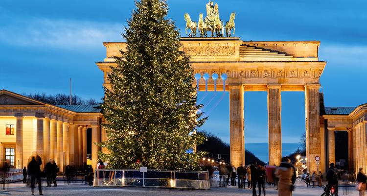 Christmas tree in front of the Brandenburg Gate in Berlin.
