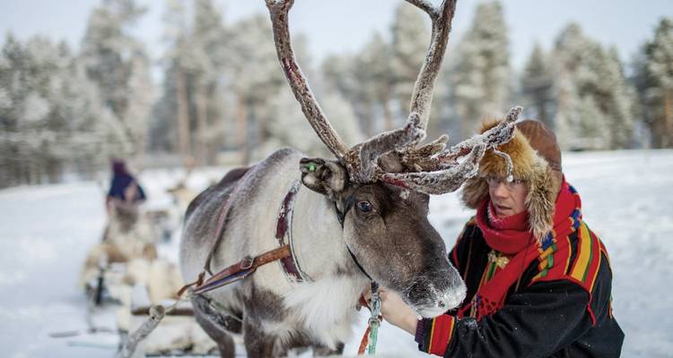 Person mit einem Rentier in einem verschneiten Wald.
