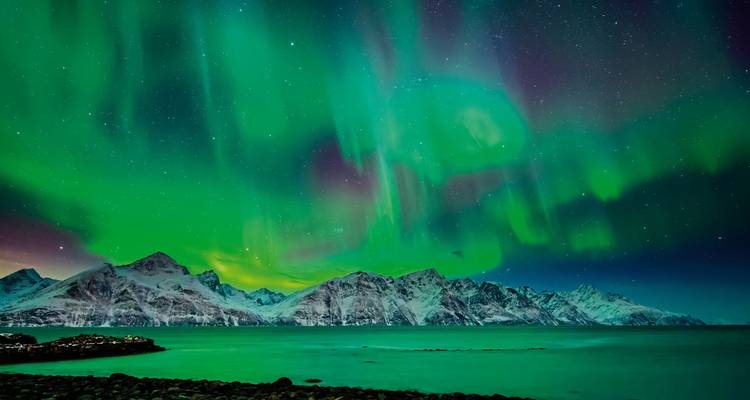 Aurore boréale au-dessus de montagnes enneigées et d'un fjord