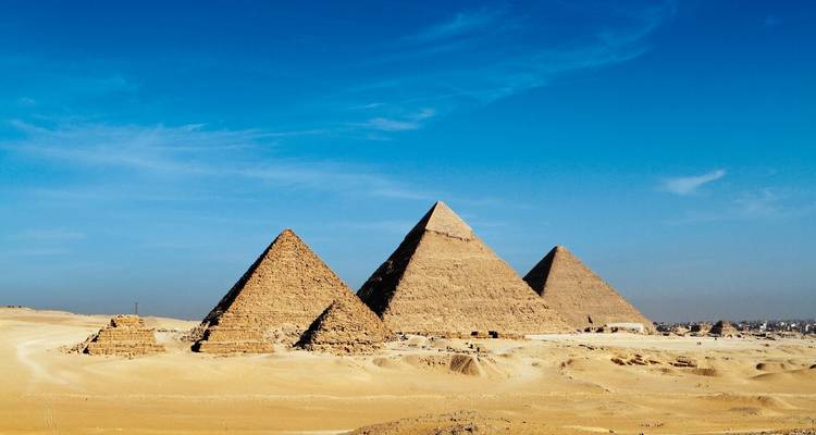 Wide view of the Great Pyramids of Giza.