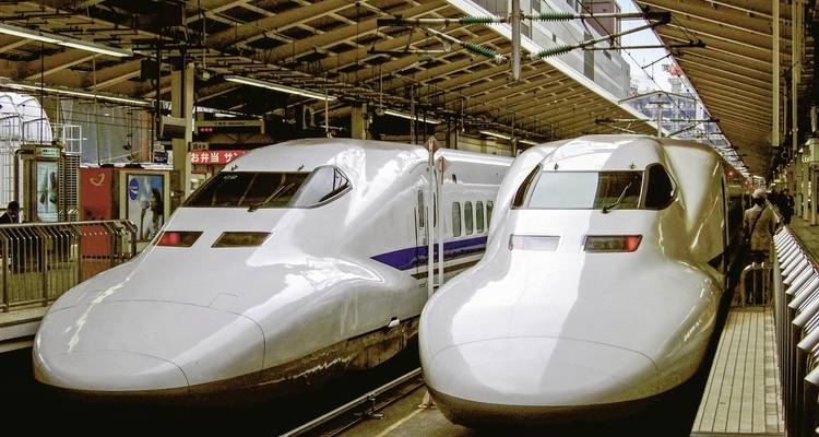 Two high-speed trains at a modern rail station.