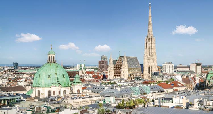 Skyline view of Vienna with St. Stephen's Cathedral prominently featured.