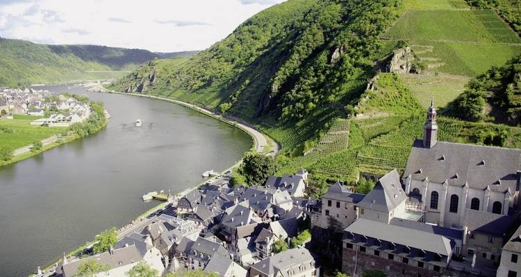 Vignobles sur des collines vallonnées au bord d'une rivière avec une petite ville en contrebas.