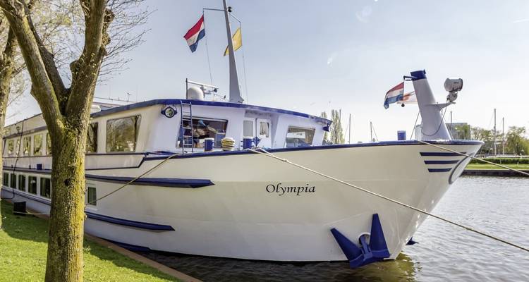 Front view of a cruise ship docked by the riverside.
