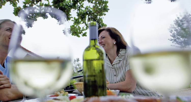 Menschen genießen eine Mahlzeit mit Wein in einem Garten