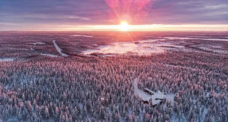 Aerial view of a snow-covered forest at sunrise or sunset.
