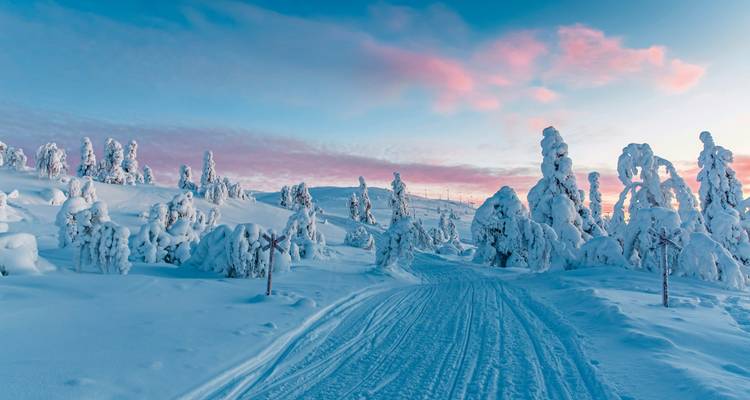 Paysage enneigé avec ciel de coucher de soleil pastel.