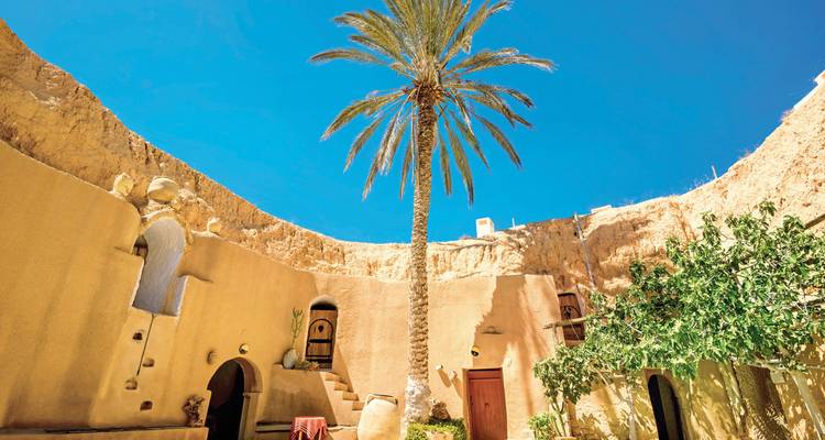 Traditional architecture and palm tree against a clear blue sky.