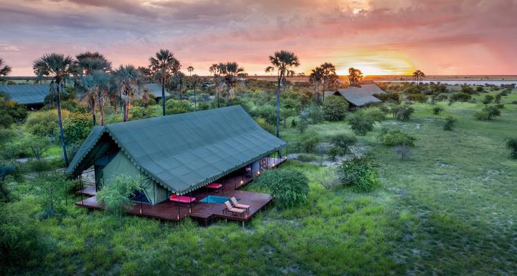 Tente lodge avec terrasse dans une zone luxuriante au coucher du soleil.
