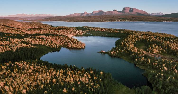 Malerische Luftaufnahme eines Sees, umgeben von Wald und Bergen.