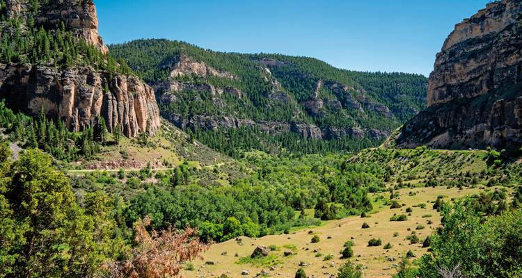 Vallée entourée de falaises rocheuses et de forêt dense.