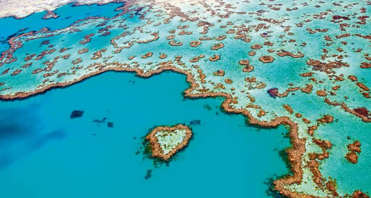 Aerial view of the Great Barrier Reef with turquoise waters and coral formations.