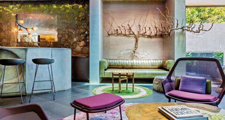 Modern, stylish hotel interior with eclectic decor.