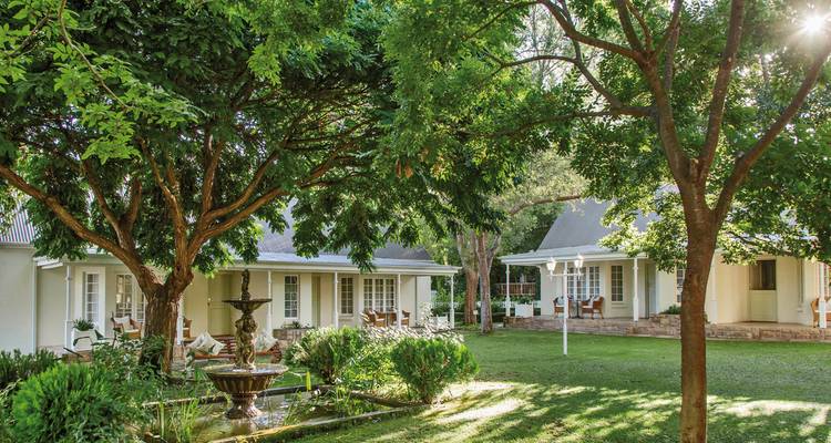 Charmant jardin avec une fontaine entourée d'arbres et de maisonnettes.