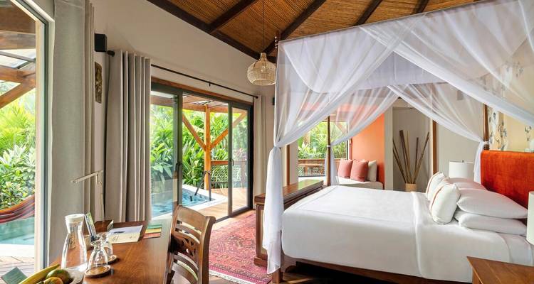 Elegant tropical resort room with canopy bed, wood accents and a private plunge pool outside sliding doors.