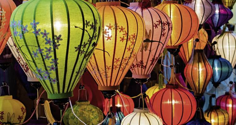 Colorful illuminated lanterns at night