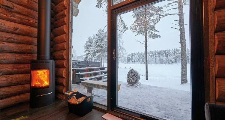 Gemütliche Hütte mit Blick auf eine verschneite Landschaft und einem Kaminfeuer.