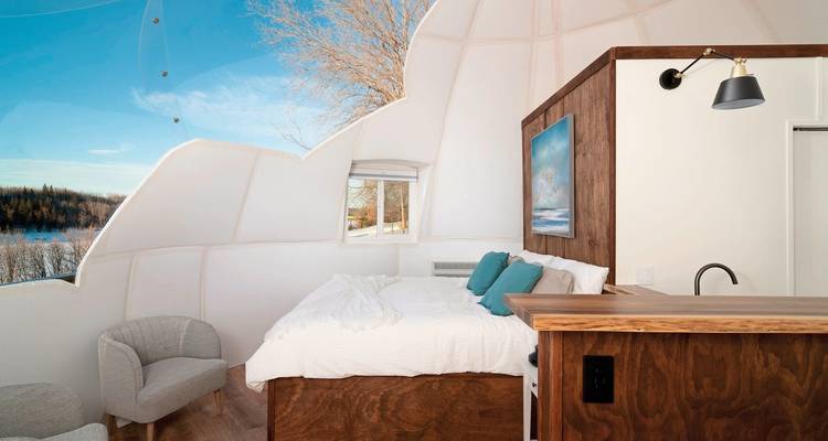 Interior of a cozy dome with a bed.