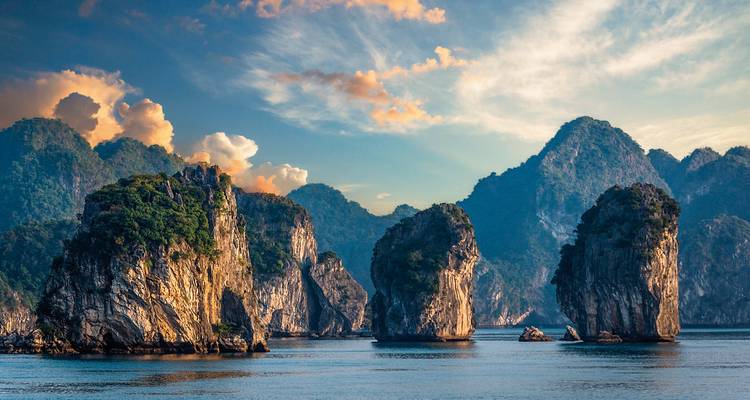 Dramatic limestone karsts in Halong Bay