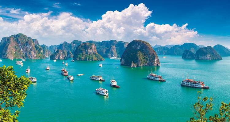 Beaucoup de bateaux dans la baie d'Halong avec de magnifiques formations calcaires.