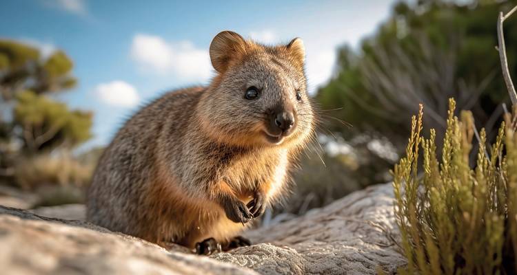 Nahaufnahme eines Quokkas, das auf einem Felsen steht, mit unscharfem Grün im Hintergrund.