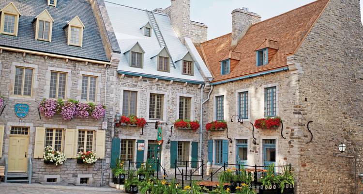 Charmants bâtiments en pierre de style européen avec des décorations florales.