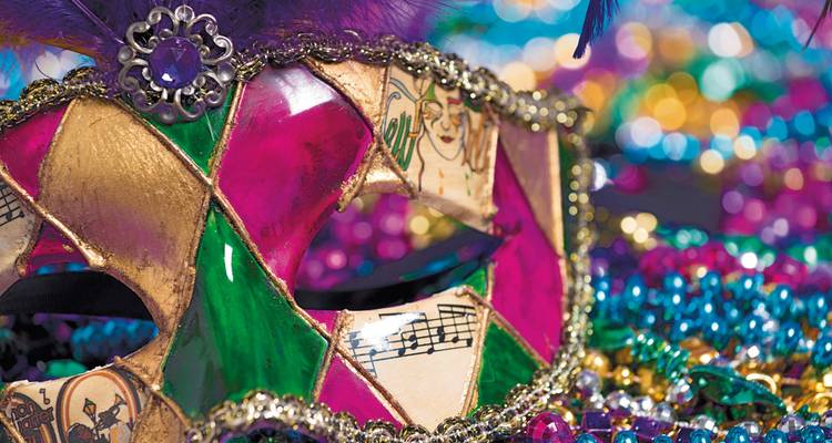 Colorful Mardi Gras mask with beads and feathers.
