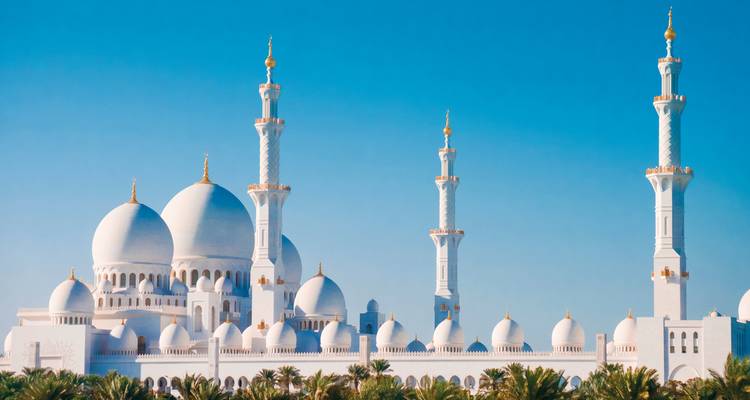 Grande Mosquée avec des palmiers et un ciel bleu.