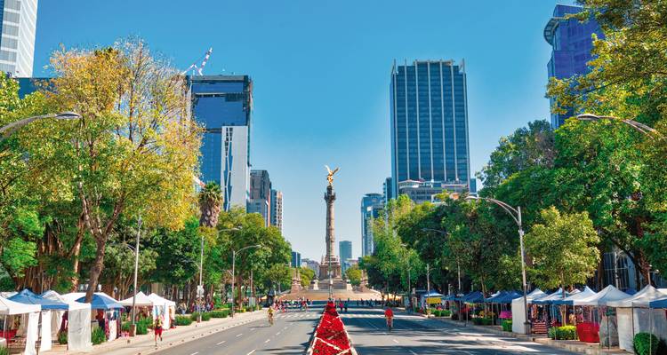 City avenue with a prominent central monument, flanked by trees and buildings