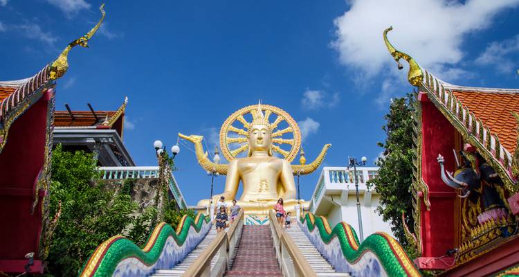 Goldene Buddha-Statue mit Menschen, die die zu ihr führenden Stufen hinaufsteigen.