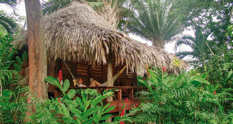 Person relaxing in a hammock at a tropical hut.