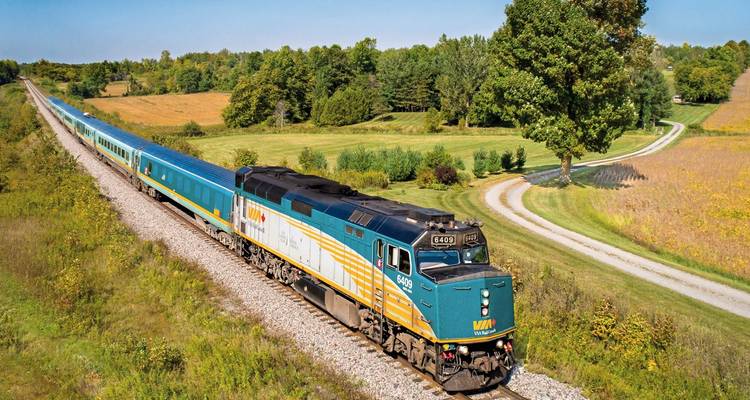 Train traversant un paysage de campagne verdoyant.