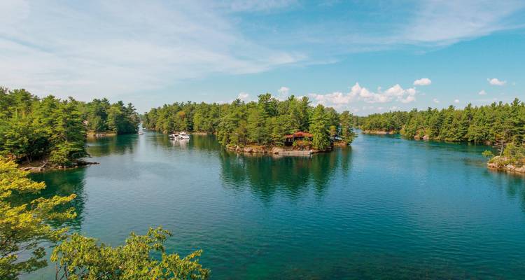 Petite île boisée avec des bateaux sur un lac par une journée ensoleillée.