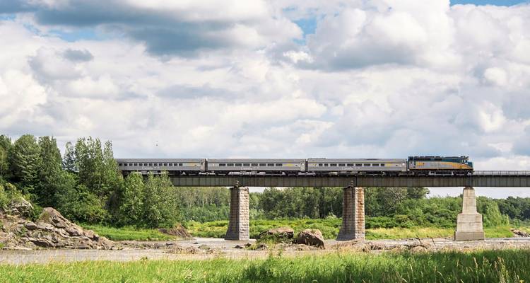 Train traversant un pont au-dessus d'un paysage fluvial.