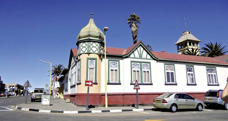 Street scene in a city with historical buildings.