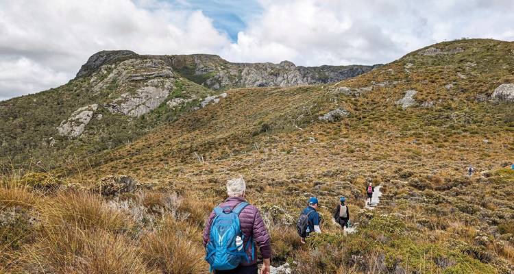 Group of hikers walking on a mountainous trail.